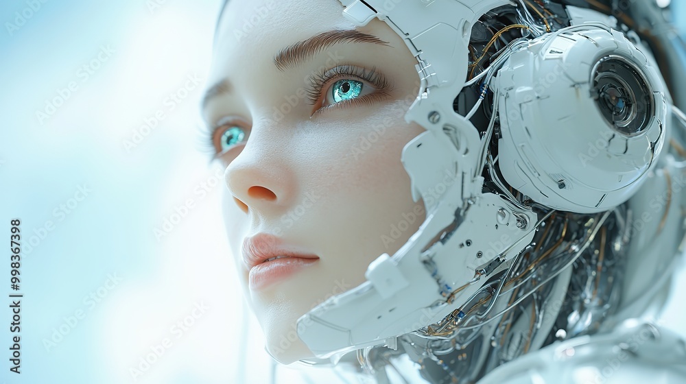 A futuristic female robot with wires connecting its body to its head, set against a blue background. A futuristic female robot with wires connecting its body to its head, set against a blue background.