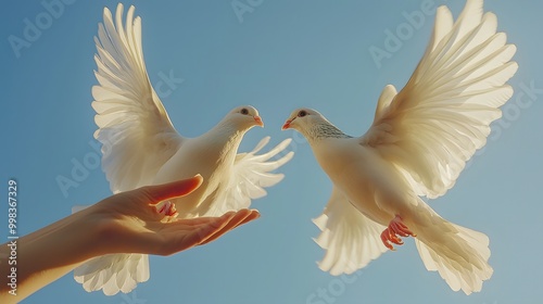 Two white doves gracefully take flight from a hand against a clear blue sky. photo