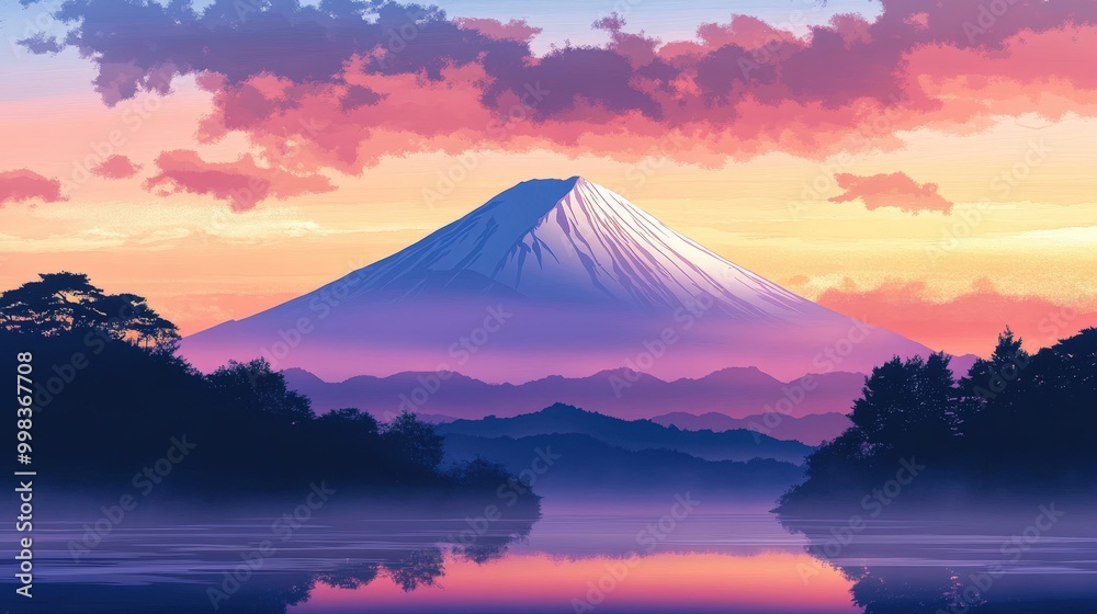 Mount Fuji in the early evening with a soft, warm glow from the setting sun Mount Fuji in the early evening with a soft, warm glow from the setting sun