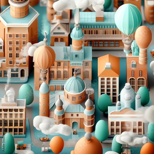 Victorianstyle architecture with steampowered factories and airships flat design top view alternate history cityscape theme 3D render Complementary Color Scheme photo