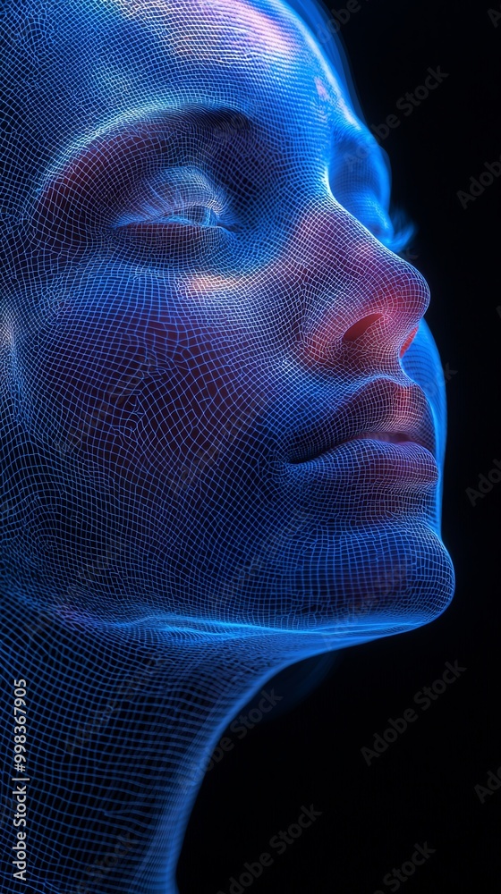 A digitally rendered blue face in an abstract wire mesh pattern, showcasing intricate details and highlighting the seamless blend of art and technology. A digitally rendered blue face in an abstract wire mesh pattern, showcasing intricate details and highlighting the seamless blend of art and technology.