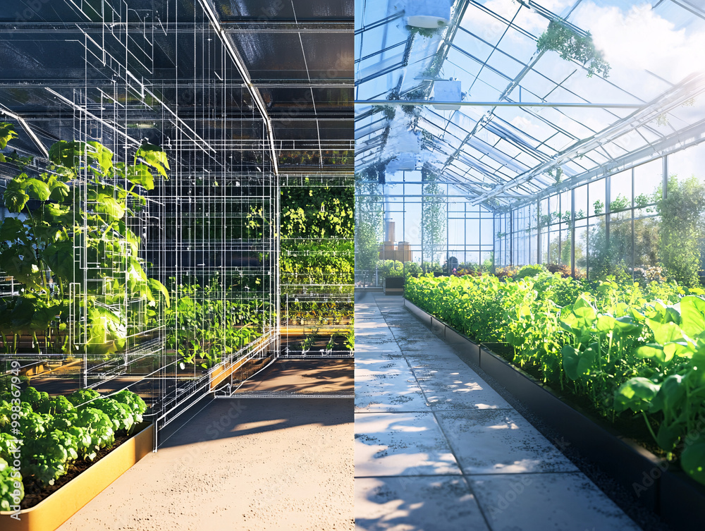  Holographic greenhouse transformation showing modern agricultural technology, digital blueprint grid contrasted with real-world plants growing under natural light, the fusion of nature and tech.