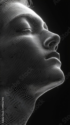 A monochromatic depiction of a human face in profile, illustrated with intricate black and white wireframe mesh patterns, symbolizing the intersection of art and technology. #998367915