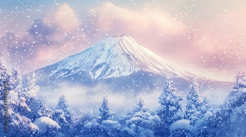 Mount Fuji surrounded by a blanket of morning snow, with soft, pastel colors filling the sky