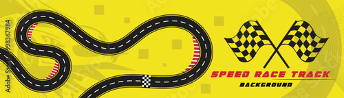 Creative vector illusion of race track isolated on yellow background. Speed race track background design with sport car.