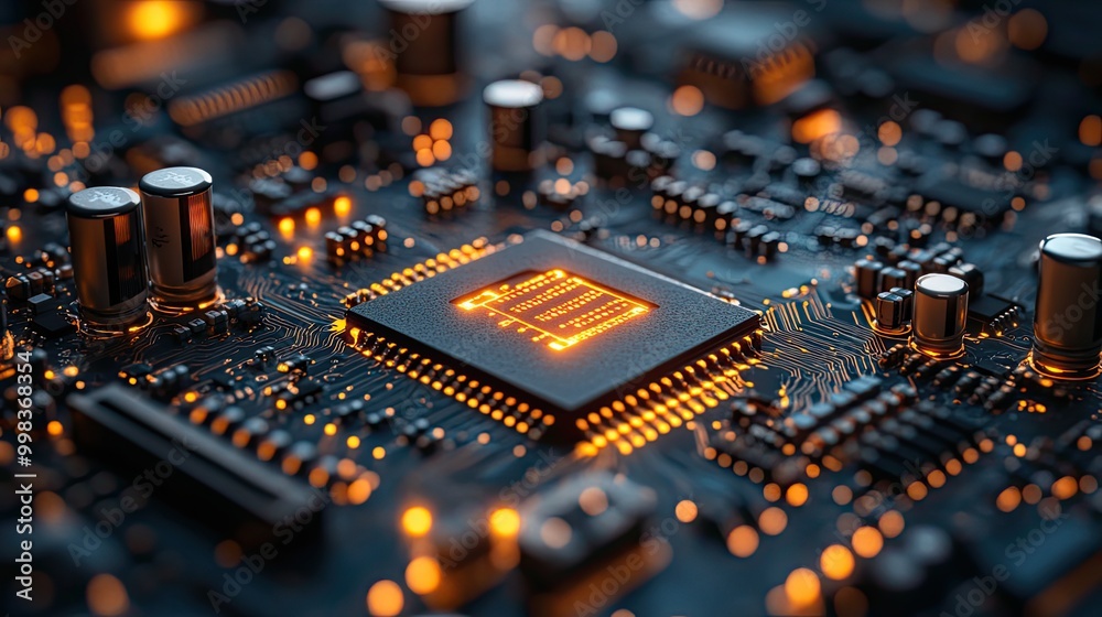 A futuristic IT concept depicting a motherboard with integrated circuits and tech icons. A futuristic IT concept depicting a motherboard with integrated circuits and tech icons.