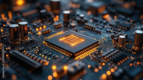 A futuristic IT concept depicting a motherboard with integrated circuits and tech icons.