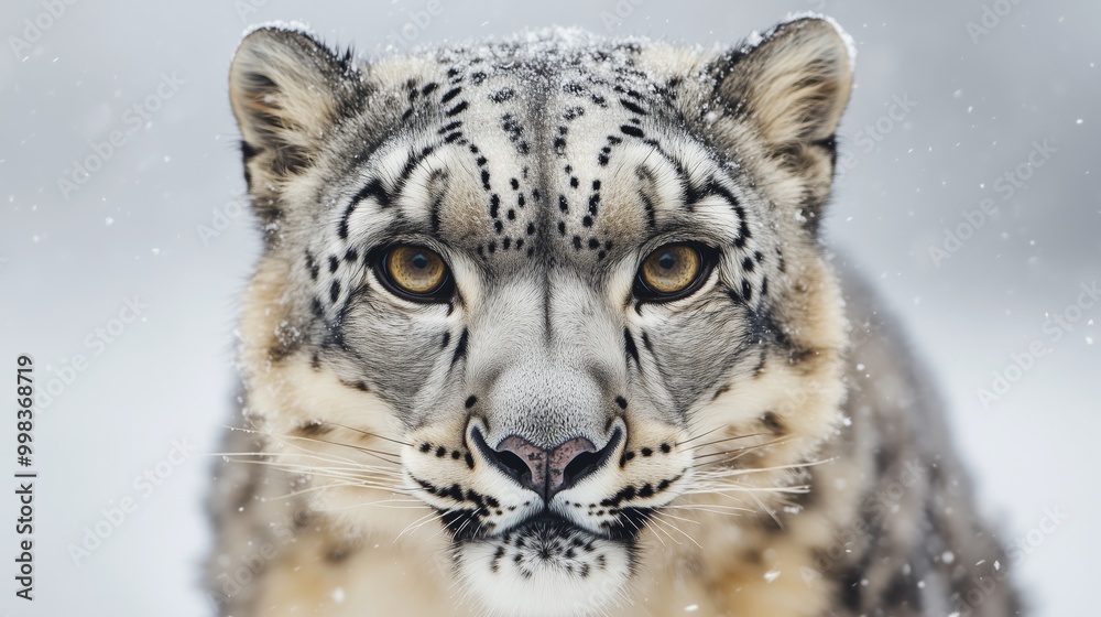 Close-up of a snow leopard capturing its front view and intense gaze, showcasing its thick spotted fur coat against a blurred snowy landscape Close-up of a snow leopard capturing its front view and intense gaze, showcasing its thick spotted fur coat against a blurred snowy landscape