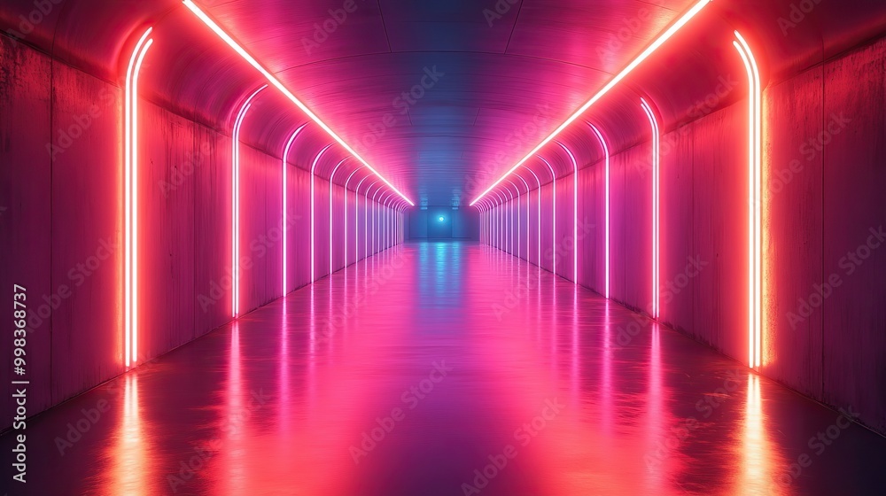 A futuristic neon light background provides empty space with reflective flooring for virtual reality scenes. A futuristic neon light background provides empty space with reflective flooring for virtual reality scenes.