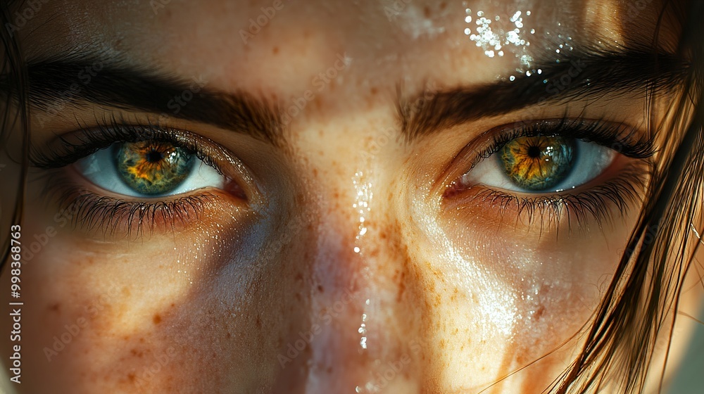 Close Up Portrait of a Woman's Eyes with Freckles and Sunlight Close Up Portrait of a Woman's Eyes with Freckles and Sunlight