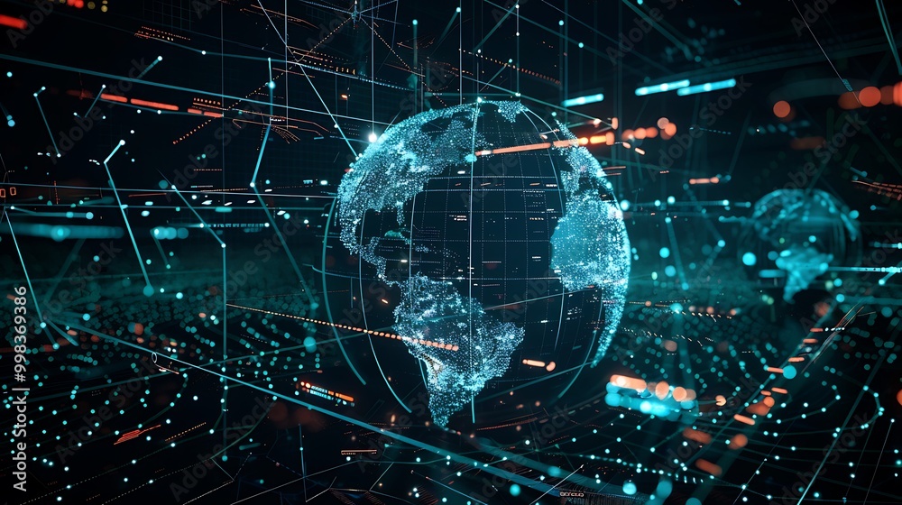 Cybersecurity grid overlaying a 3D globe in a dark virtual space Cybersecurity grid overlaying a 3D globe in a dark virtual space