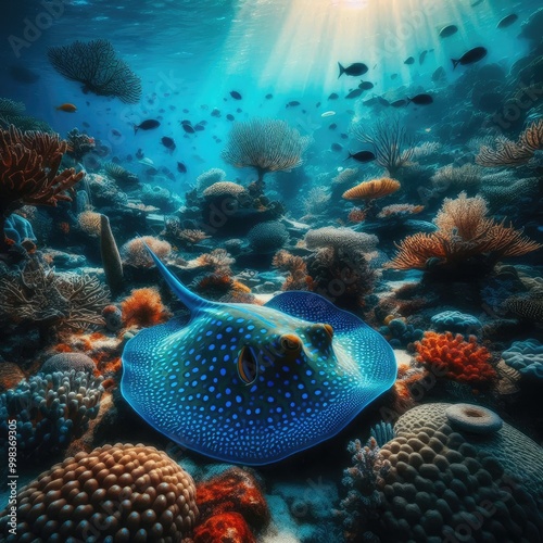 Underwater Stingray. Underwater tropical Blue-spotted Stingray (Taeniura lymma). Underwater fish reef marine. Tropical colourful underwater seascape. Reef coral scene. Coral garden seascape.. photo photo