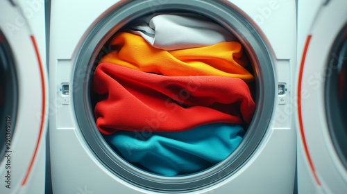 A colorful collection of freshly washed clothes spinning in a modern washing machine drum, showcasing vibrant textures and hues. photo