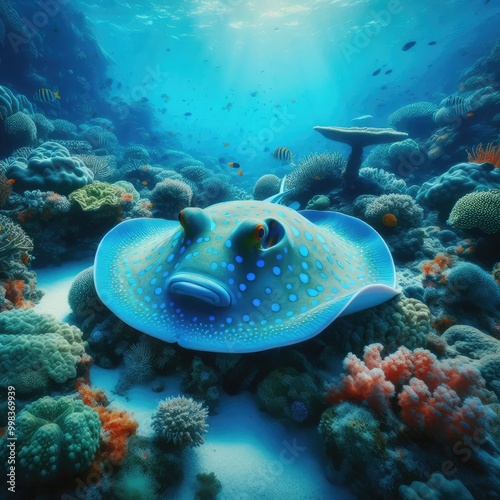 Underwater Stingray. Underwater tropical Blue-spotted Stingray (Taeniura lymma). Underwater fish reef marine. Tropical colourful underwater seascape. Reef coral scene. Coral garden seascape.. photo photo