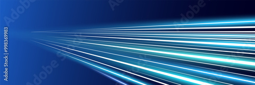 Motion luminous linear trails horizontal banner. High speed bright blue glowing rays. Abstract technology long time exposure motion blur perspective dynamic effect. Fast zoom light flash stripes. Eps