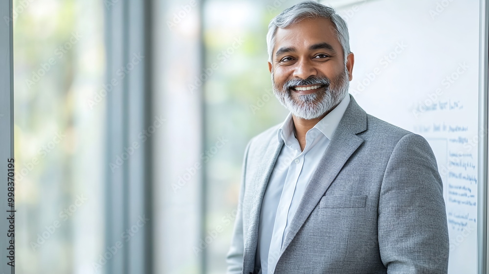 Senior Indian male consultant in a gray suit, smiling as he stands by a whiteboard in a bright, contemporary office with large windows. Creative director. Planning, production stylist