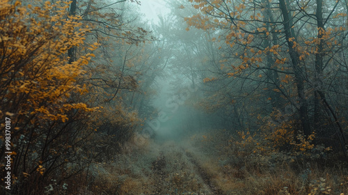 The sun shines beautifully through the trees in the foggy forest