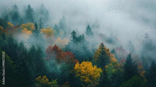 A foggy forest with tall trees and colorful leaves on the ground