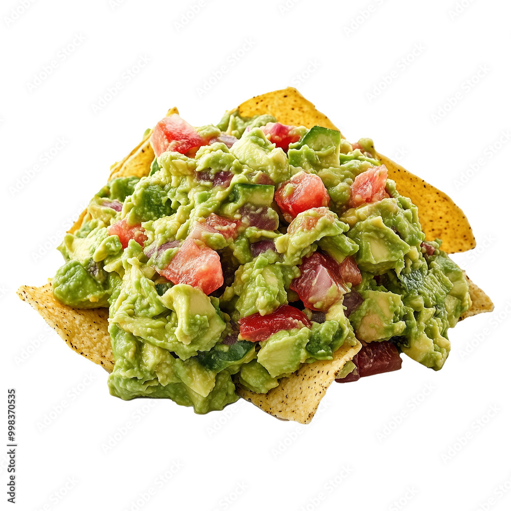 Bowl of Fresh Guacamole with Crispy Tortilla Chips, Flavorful Snack with Tomato, Onion, Avocado and Cilantro, Healthy Eating Bowl of Fresh Guacamole with Crispy Tortilla Chips, Flavorful Snack with Tomato, Onion, Avocado and Cilantro, Healthy Eating