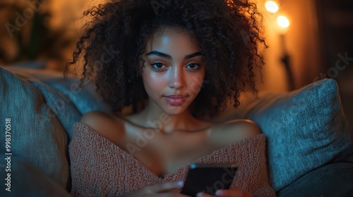 A girl relaxes on a couch while using her smartphone.