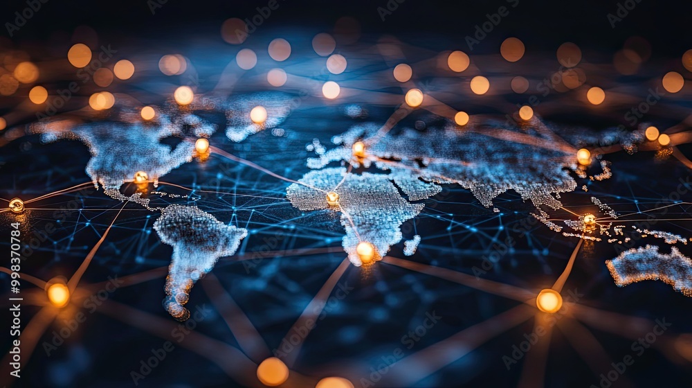 A global business structure emphasizing networking analysis, data exchange, customer connection, and technology in HR recruitment.