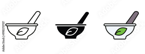 Set of Herbal medicine icons in silhouette, outlined and editable colors, icons of bowls with a spoon in each one for Herbal medicine silhouette and editable colored icons