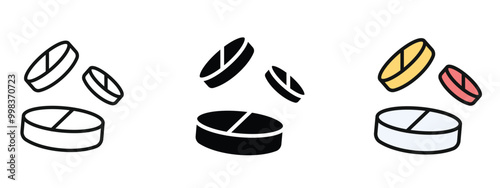 Three pills icons are shown in different editable colors and styles, set of Medicines icons, silhouette and editable colored icon