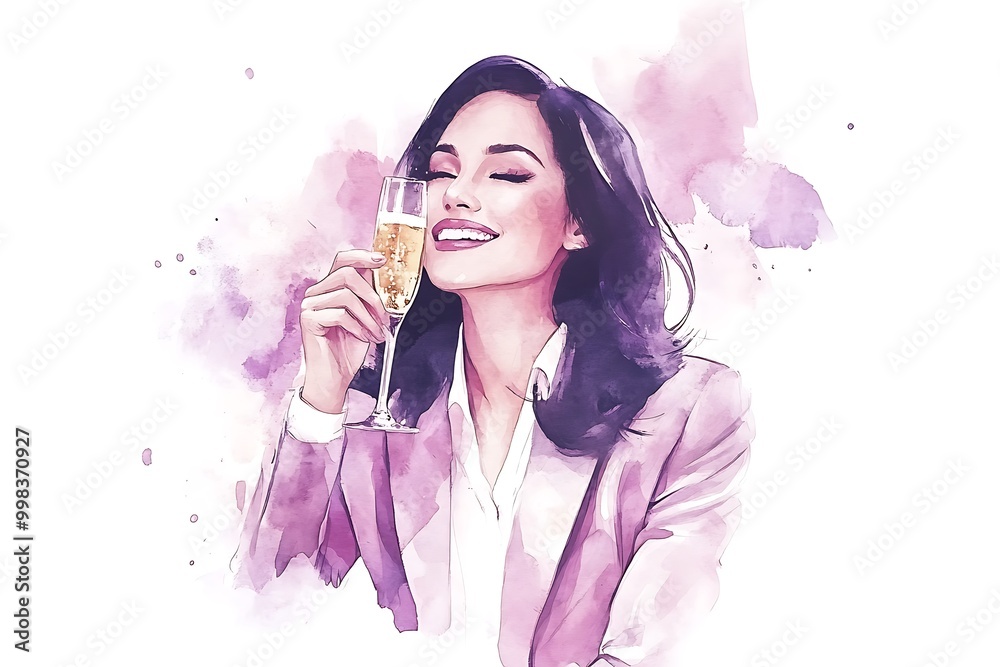 Watercolor illustration of a woman enjoying a glass of champagne. Watercolor illustration of a woman enjoying a glass of champagne.