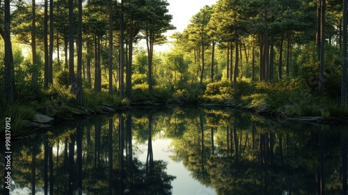 pine forest with a tranquil pond nestled among the trees