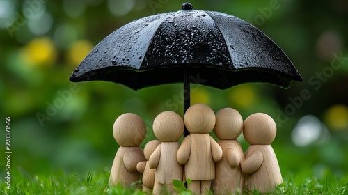 Wooden family peg dolls huddled under an umbrella, symbolizing the protective role of insurance in safeguarding families, offering life, travel, and health coverage.  photo