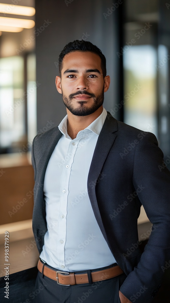 Young Hispanic man with a close-cropped beard, dressed in business casual attire, standing by the reception desk in a sleek, modern corporate office. Glass office, corporate investor relations ceo