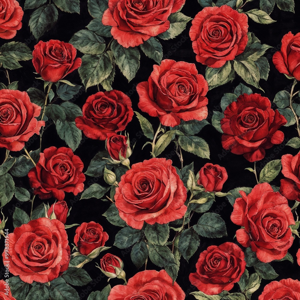Red roses pattern on black background in floral design with copy space