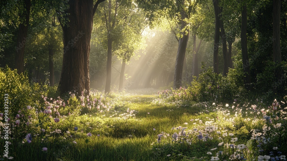 serene forest clearing bathed in soft sunlight. serene forest clearing bathed in soft sunlight.