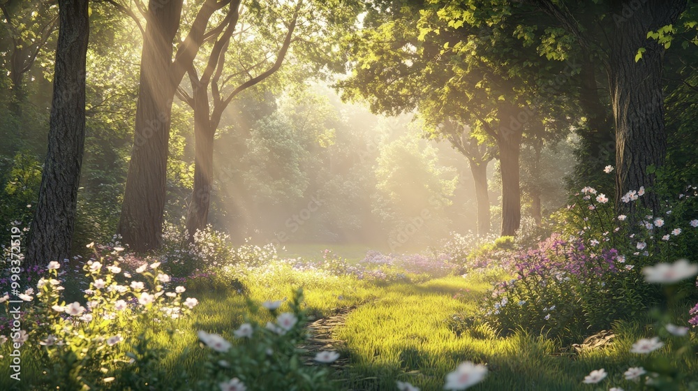 serene forest clearing bathed in soft sunlight. serene forest clearing bathed in soft sunlight.