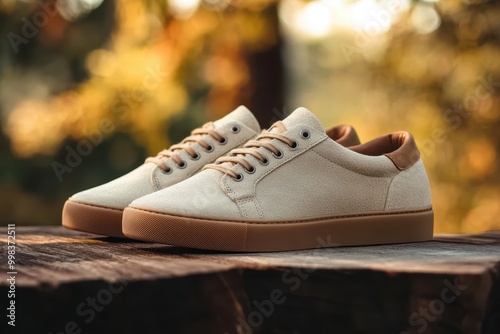 A pair of stylish beige sneakers on a wooden surface in a natural setting.