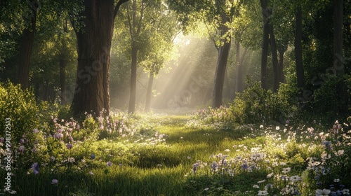 serene forest clearing bathed in soft sunlight.