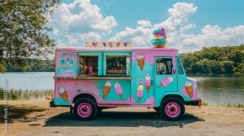 Colorful ice cream truck parked by lake with blue sky and clouds.