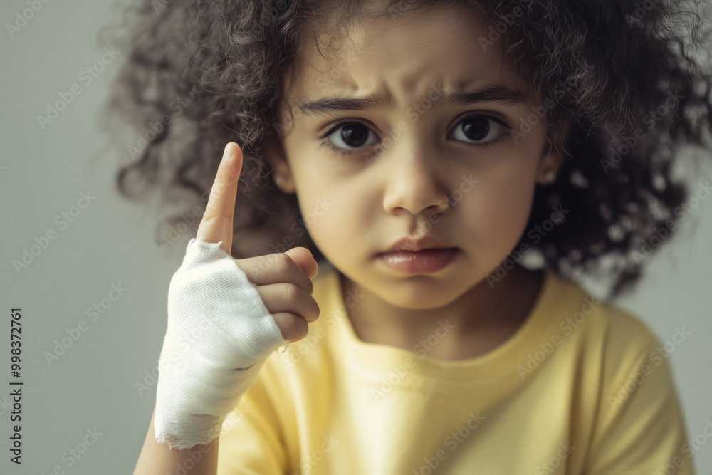 Child with bandaged hand. Focus on finger. Child with bandaged hand. Focus on finger.