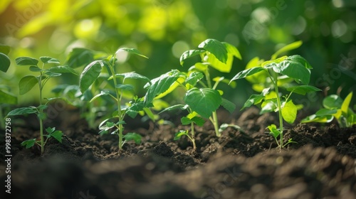 Closeup View of Fresh Green Seedlings Growing in Fertile Organic Soil in Backyard Garden