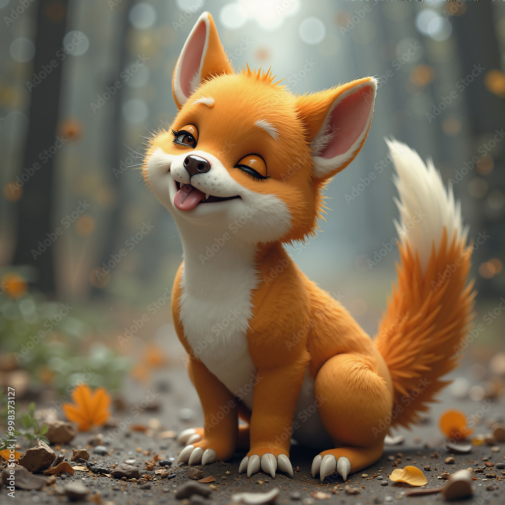 Naklejka premium A cartoon fox is sitting on the ground with its tongue out