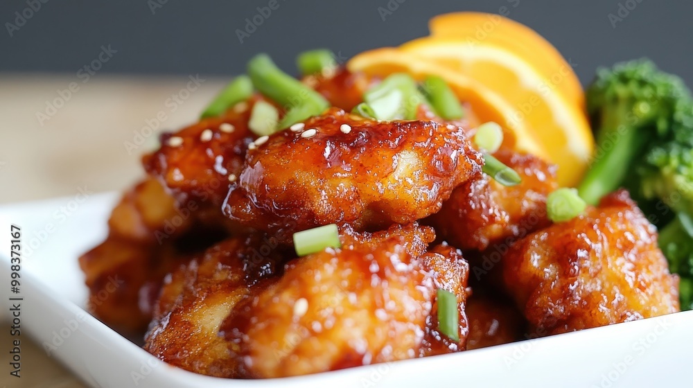 serving of fried chicken bites tossed in a tangy orange glaze. serving of fried chicken bites tossed in a tangy orange glaze.