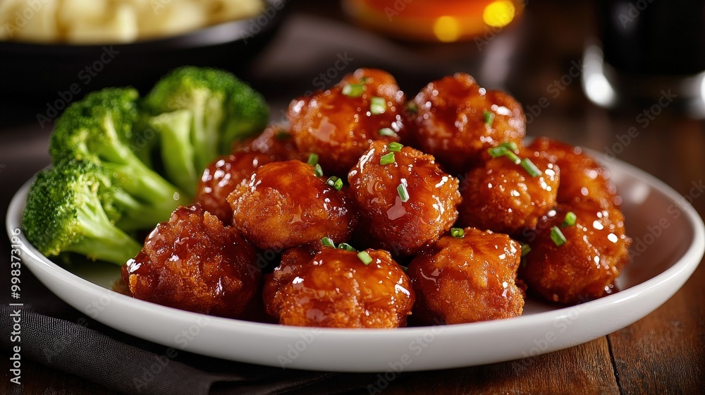 serving of fried chicken bites tossed in a tangy orange glaze. serving of fried chicken bites tossed in a tangy orange glaze.