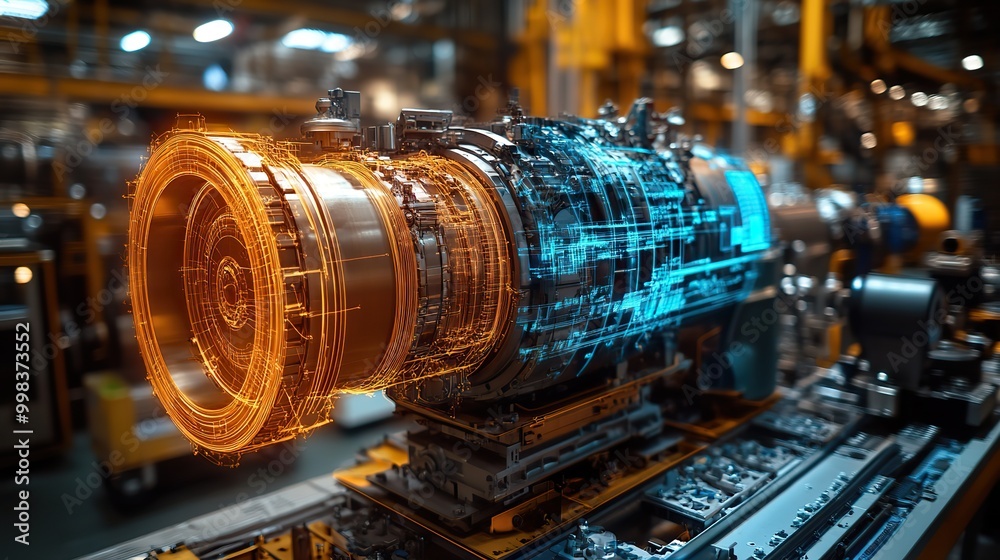 A high-tech factory featuring a modern jet engine, demonstrating research and development in turbine technology. A high-tech factory featuring a modern jet engine, demonstrating research and development in turbine technology.