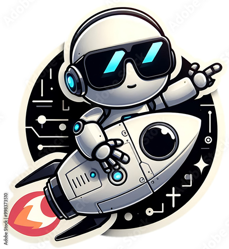 A cute white robot with sunglasses trying to ride the techno spaceship.