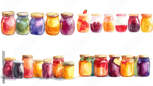 A row of jars filled with different colored jams. The jars are arranged in a row, with some being closer to the front and others further back. The jars are of various sizes and colors