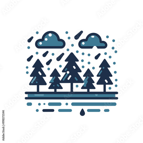 Whimsical rainy forest illustration with cloudy sky and evergreen trees