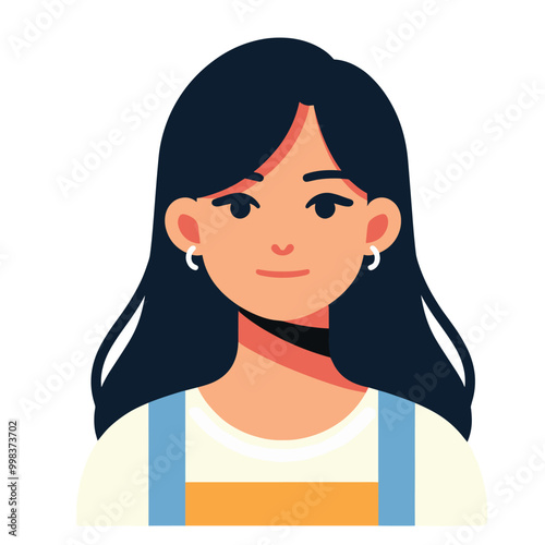 Illustrated portrait of a smiling young woman with long hair and earrings