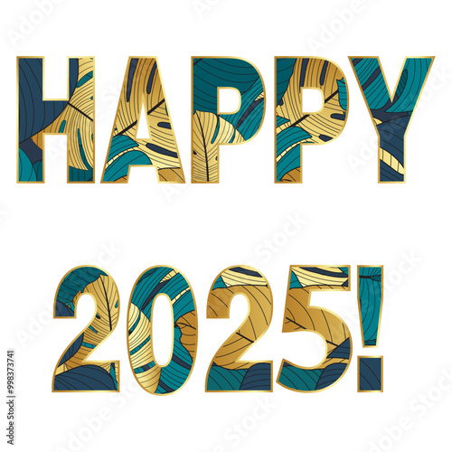 2025 poster. Lettering with tropical leaves. Christmas and New Year decor
