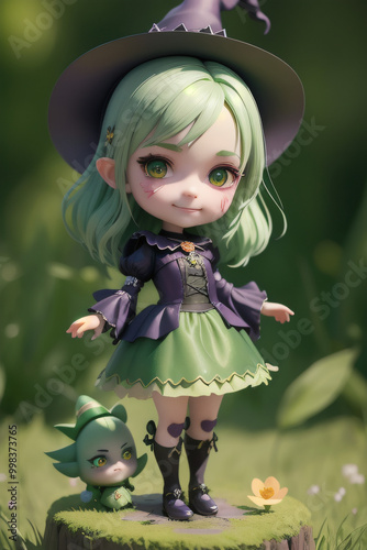 Chibi cute little green witch