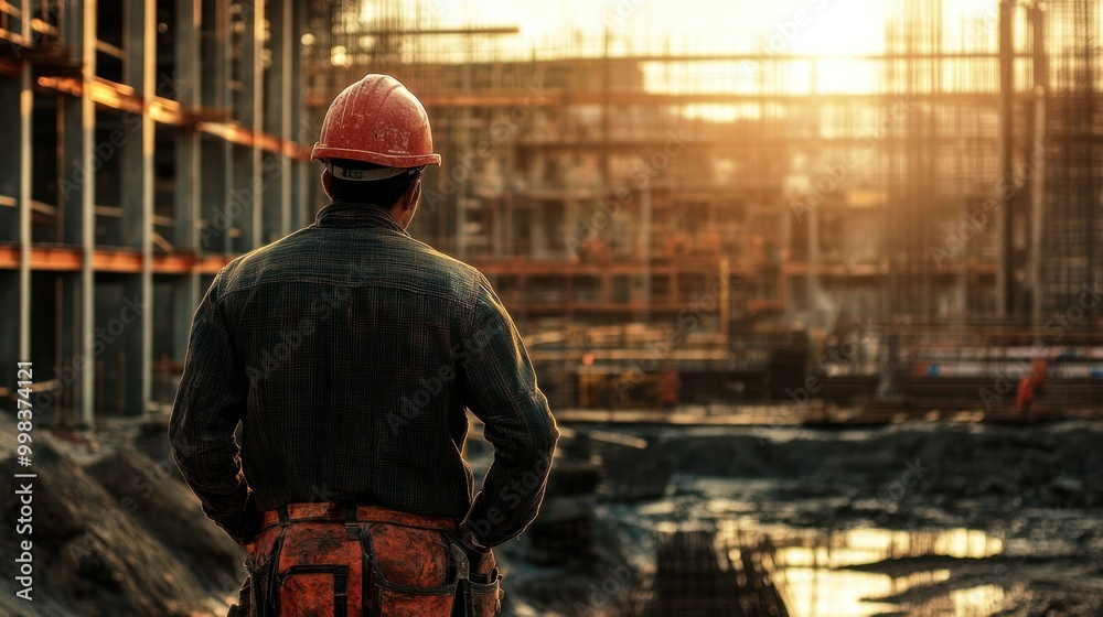 Construction Worker in Hard Hat Looking at a Building Under Construction